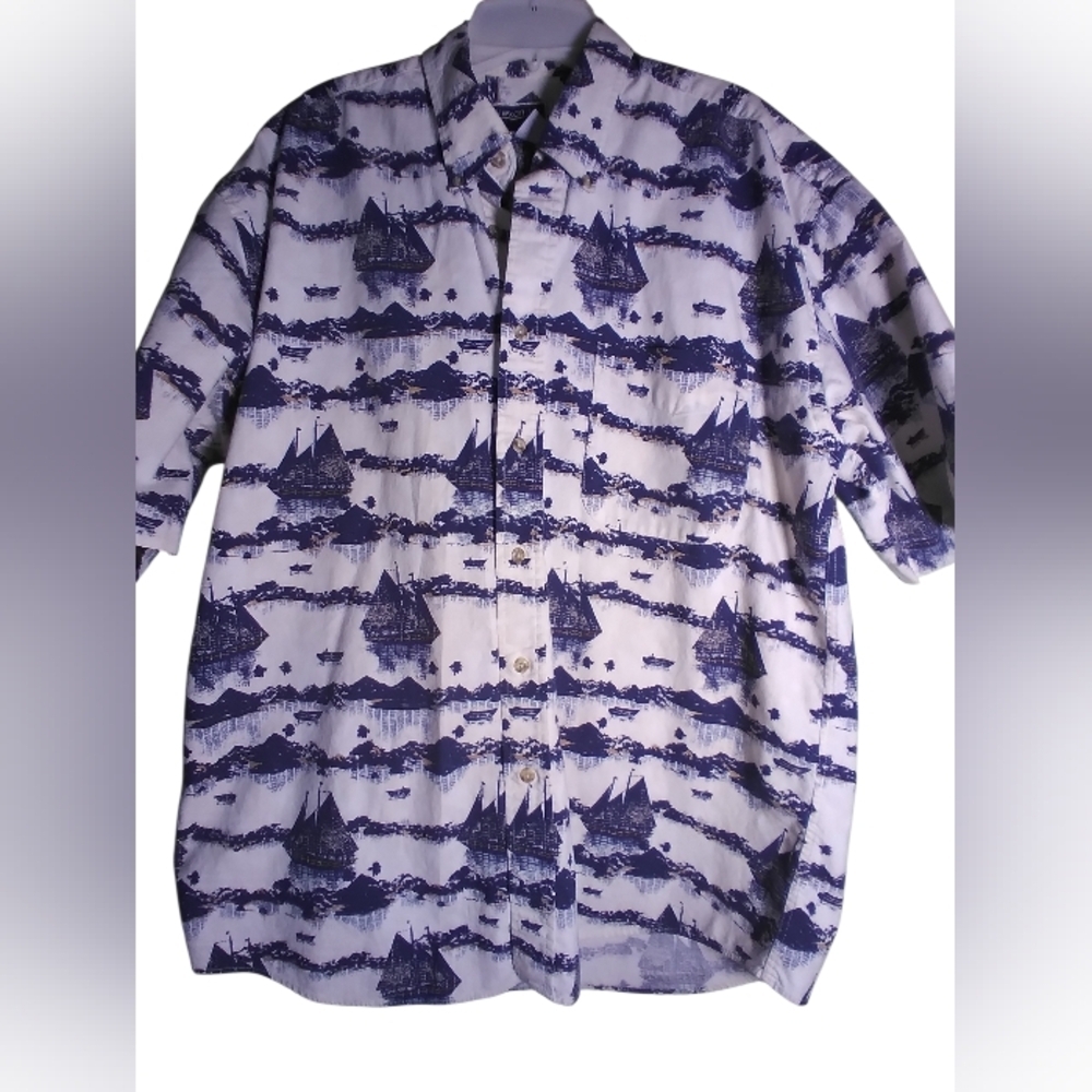 Nautical Print Button-Up Shirt in White and Navy 100% Cotton Short Sleeve Size L